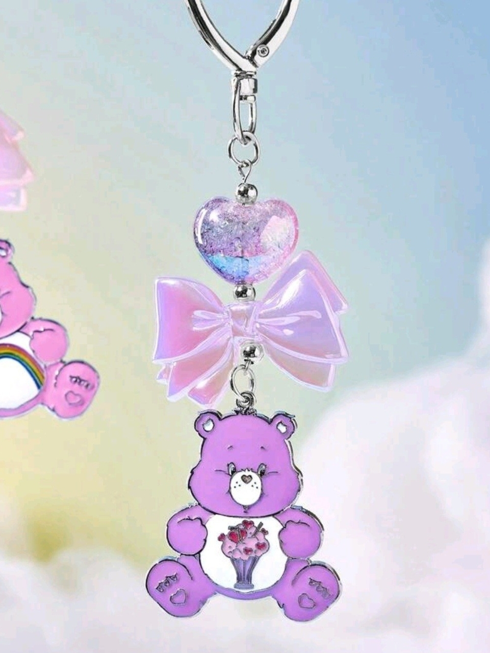 Pink Bear Heart Bow Keychain Charm